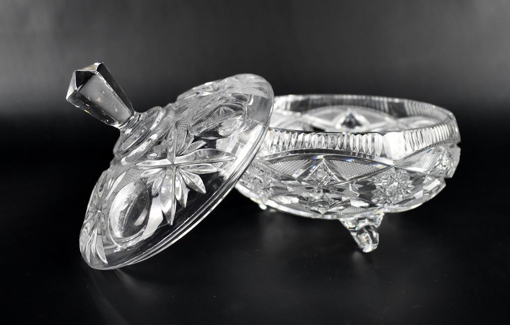 Clear Crystal Lot: Lidded & Footed Candy Dish & Eleven Individual Salts