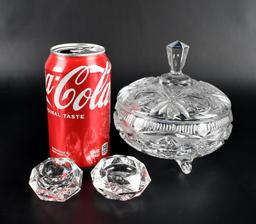 Clear Crystal Lot: Lidded & Footed Candy Dish & Eleven Individual Salts