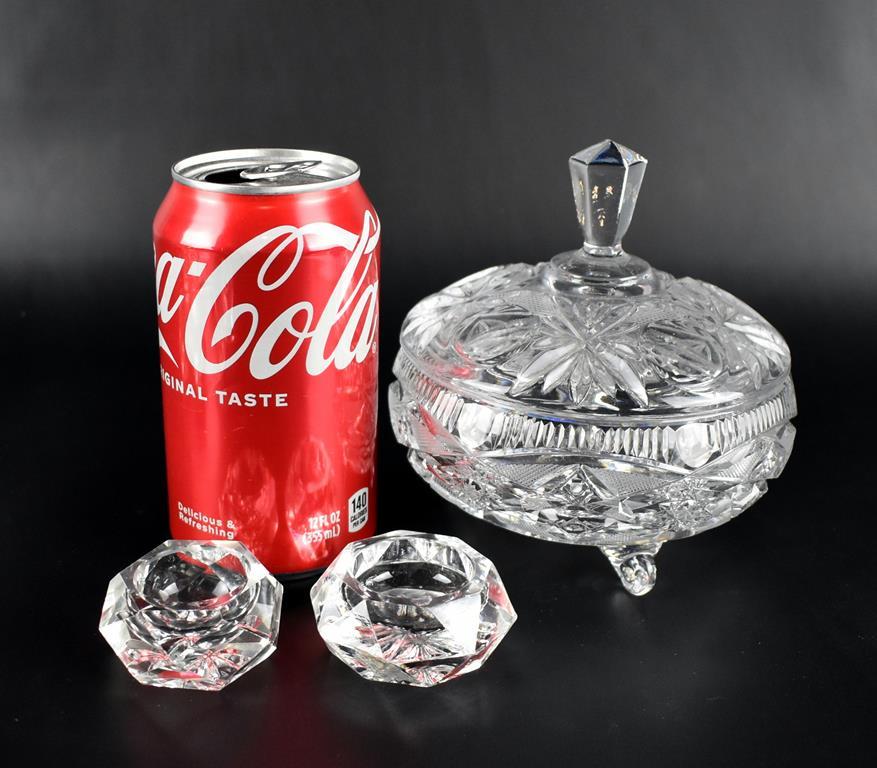 Clear Crystal Lot: Lidded & Footed Candy Dish & Eleven Individual Salts