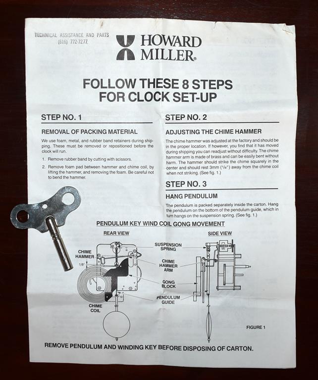 Howard Miller Oak Case Key Wind Shelf Clock Model 613-641 with Hour Strike, USA