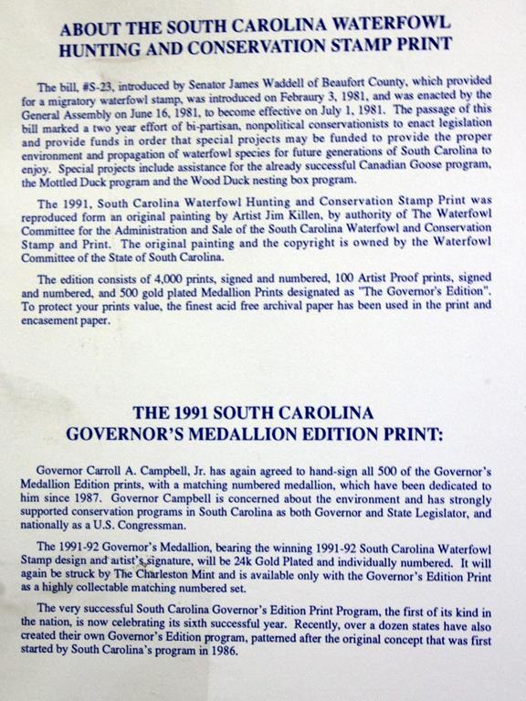 1991 SC Migratory Waterfowl Stamp Ltd. Ed. Print by Jim Killen (1523/4000)
