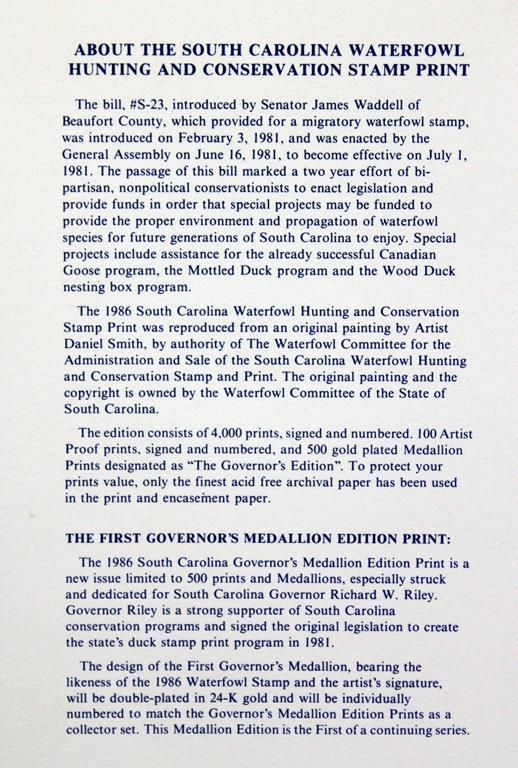 1986 SC Migratory Waterfowl Stamp Ltd. Ed. Print by Daniel Smith (1523/4000), Artist Signed Stamp