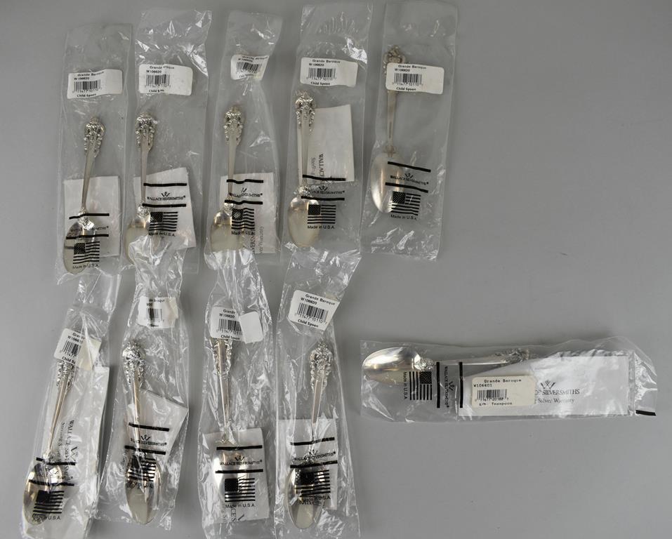 Set of 10 Wallace Silversmiths Grand Baroque Sterling Silver Child's Spoons or 5 'O Clock Spoons