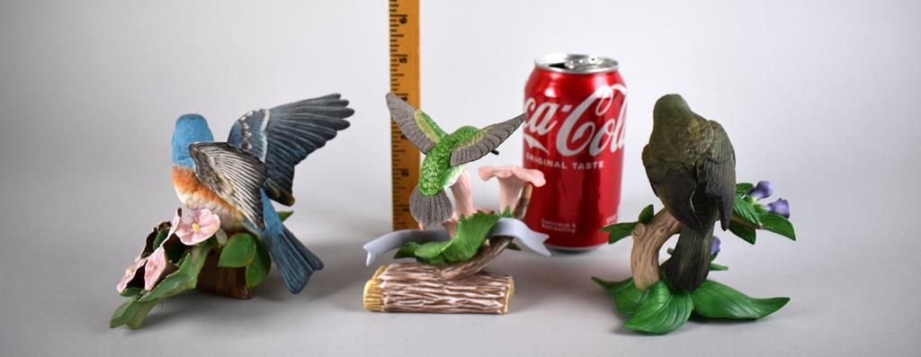 Three Lenox Porcelain Bird Figurines: Lazuli Bunting, 2007 Hummingbird, & Yellow-Breasted Chat