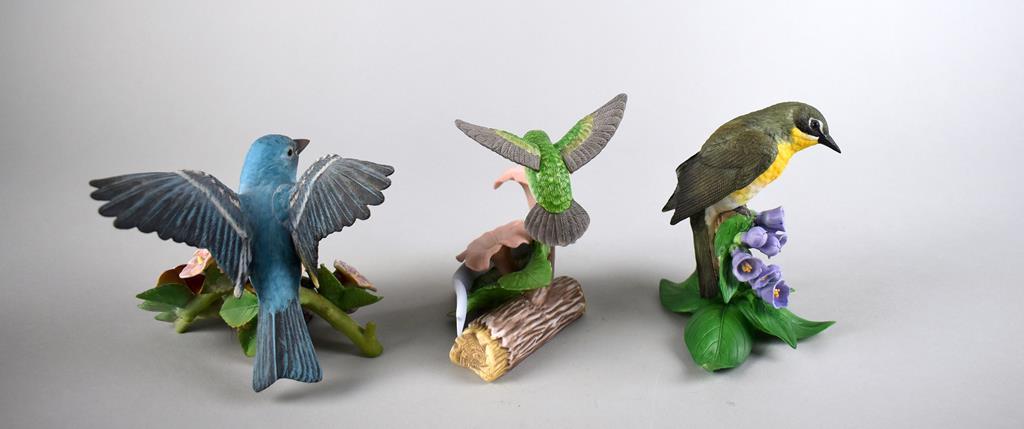 Three Lenox Porcelain Bird Figurines: Lazuli Bunting, 2007 Hummingbird, & Yellow-Breasted Chat