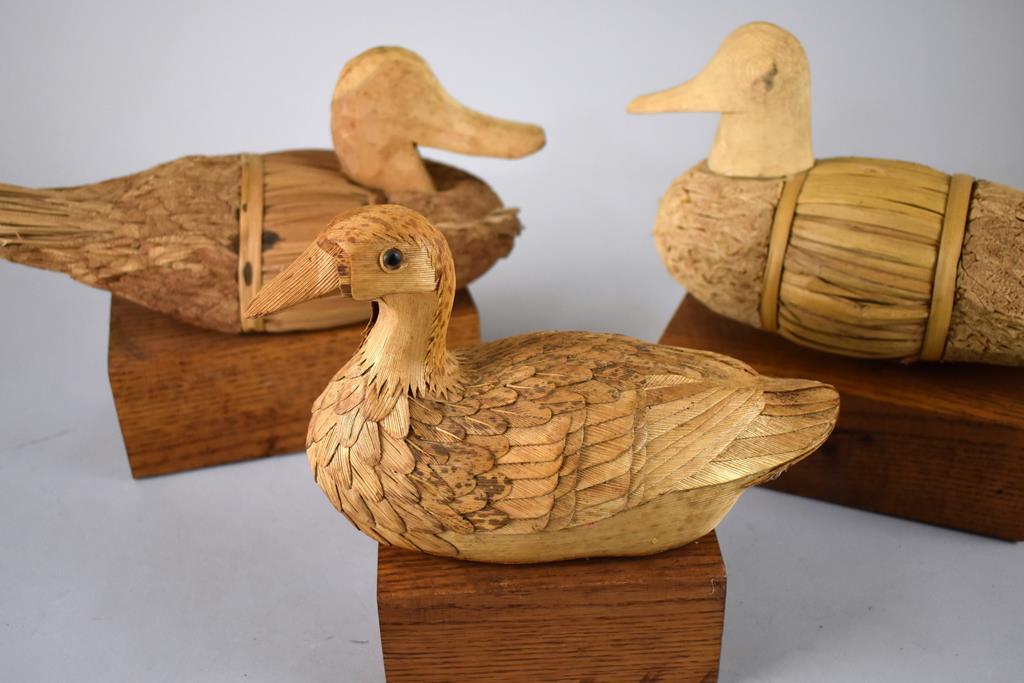Natural Fiber / Material Duck Decoy Figures on Wooden Stands