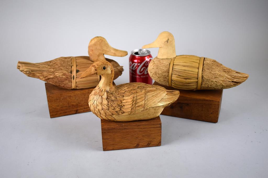 Natural Fiber / Material Duck Decoy Figures on Wooden Stands