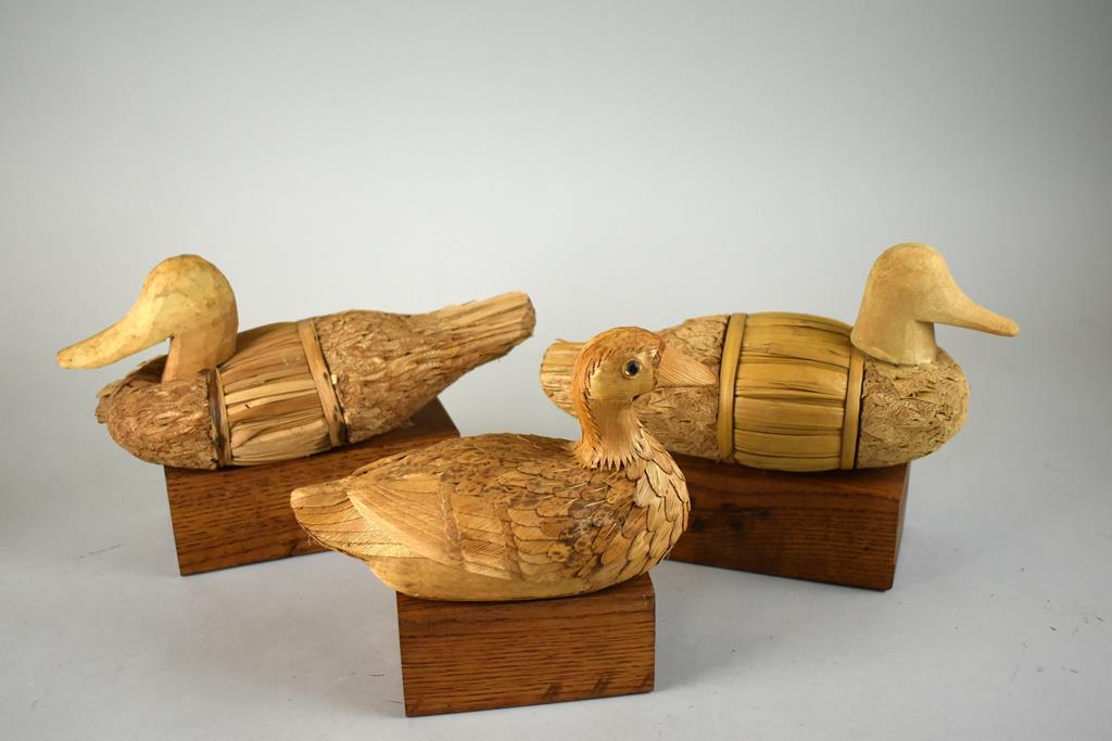 Natural Fiber / Material Duck Decoy Figures on Wooden Stands