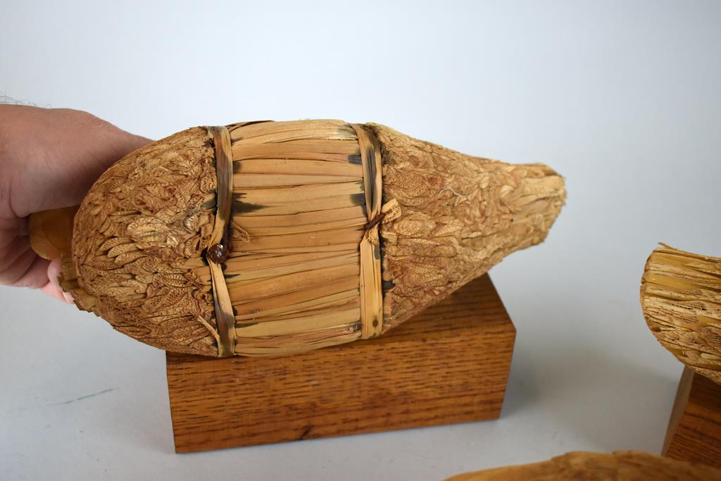 Natural Fiber / Material Duck Decoy Figures on Wooden Stands