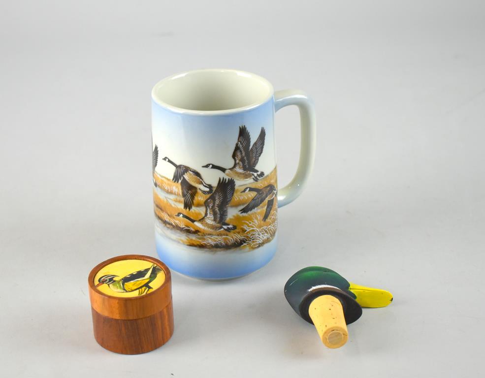 Lot of Duck Themed Items: Otagiri Mug, Duck Head Cork, & Wooden Trinket Box
