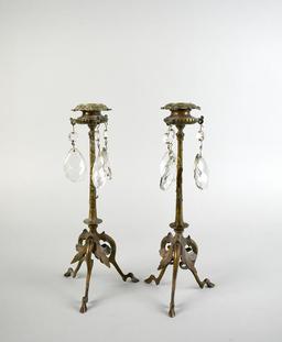 Pair of Elegant Brass Candlesticks with Prisms, Hoof Feet