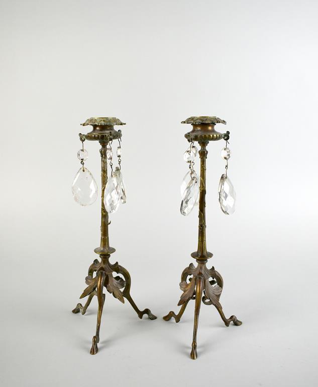 Pair of Elegant Brass Candlesticks with Prisms, Hoof Feet