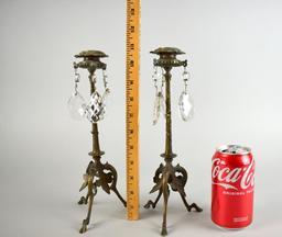 Pair of Elegant Brass Candlesticks with Prisms, Hoof Feet