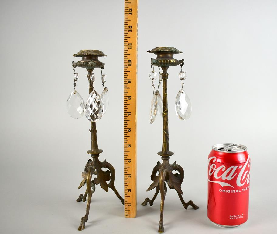 Pair of Elegant Brass Candlesticks with Prisms, Hoof Feet