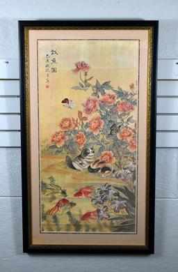 Japanese Style Print, Cats at Koi Pond, Framed