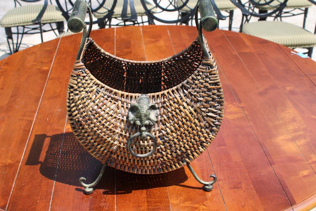 Decorative Wicker & Metal Basket with Elephant Head Medallion