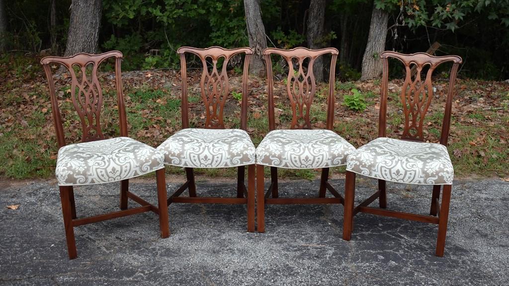 Set of 4 Mahogany Chinese Chippendale Style Dining Side Chairs, Neutral Tapestry Pattern Upholstey