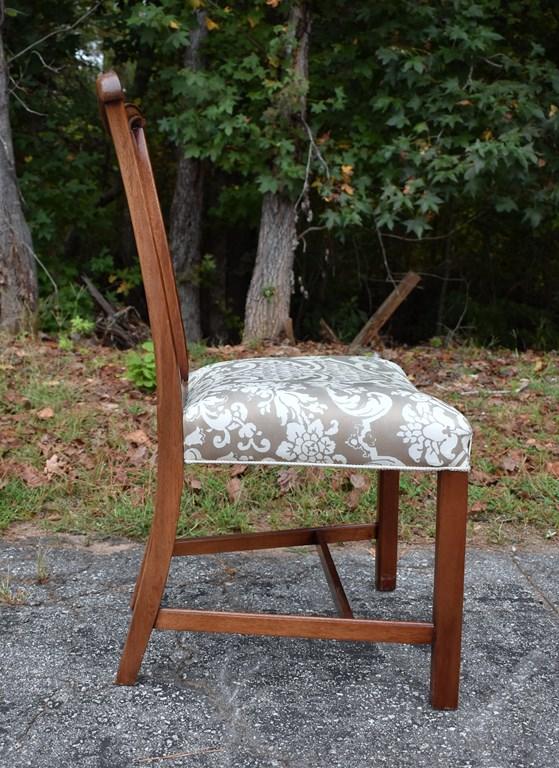 Set of 4 Mahogany Chinese Chippendale Style Dining Side Chairs, Neutral Tapestry Pattern Upholstey