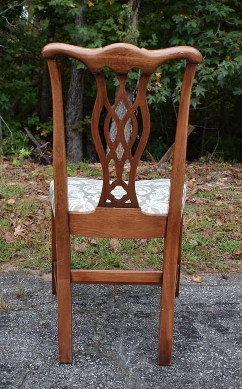 Set of 4 Mahogany Chinese Chippendale Style Dining Side Chairs, Neutral Tapestry Pattern Upholstey