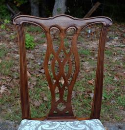 Set of 4 Mahogany Chinese Chippendale Style Dining Side Chairs, Neutral Tapestry Pattern Upholstey