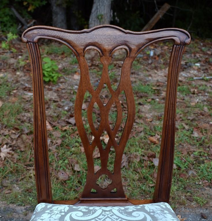 Set of 4 Mahogany Chinese Chippendale Style Dining Side Chairs, Neutral Tapestry Pattern Upholstey