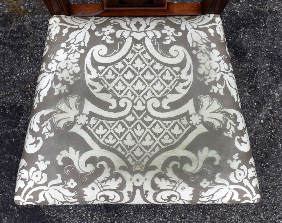 Set of 4 Mahogany Chinese Chippendale Style Dining Side Chairs, Neutral Tapestry Pattern Upholstey