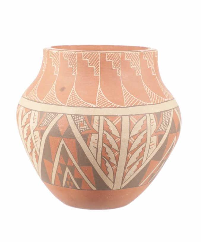 Jemez Pueblo Chinana Polychrome Carved Olla Pot