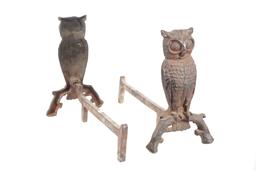 Folk Art Owl Cast Iron Rod Andirons c. 1950's