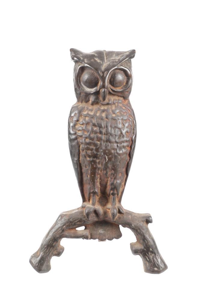 Folk Art Owl Cast Iron Rod Andirons c. 1950's