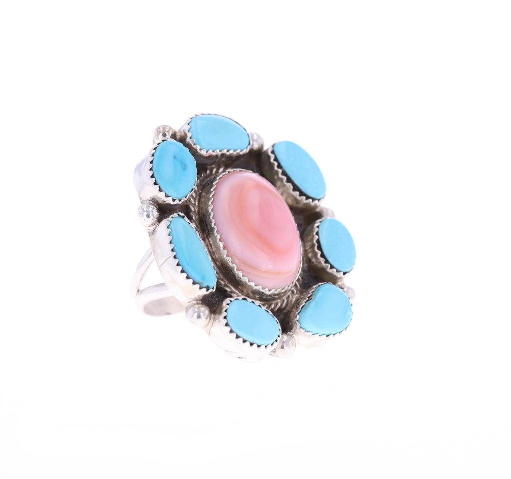 Navajo B Tsosie Silver Turquoise & Pink Conch Ring