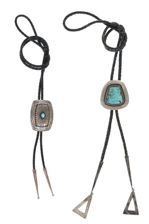 Two (2) Puebloan Silver and Turquoise Bolo Ties