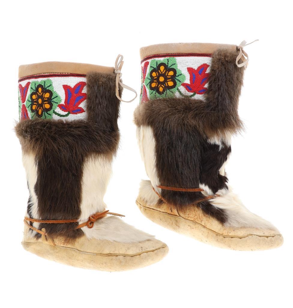 Mid 20th C Inuit First Nations Beaver Beaded Boots