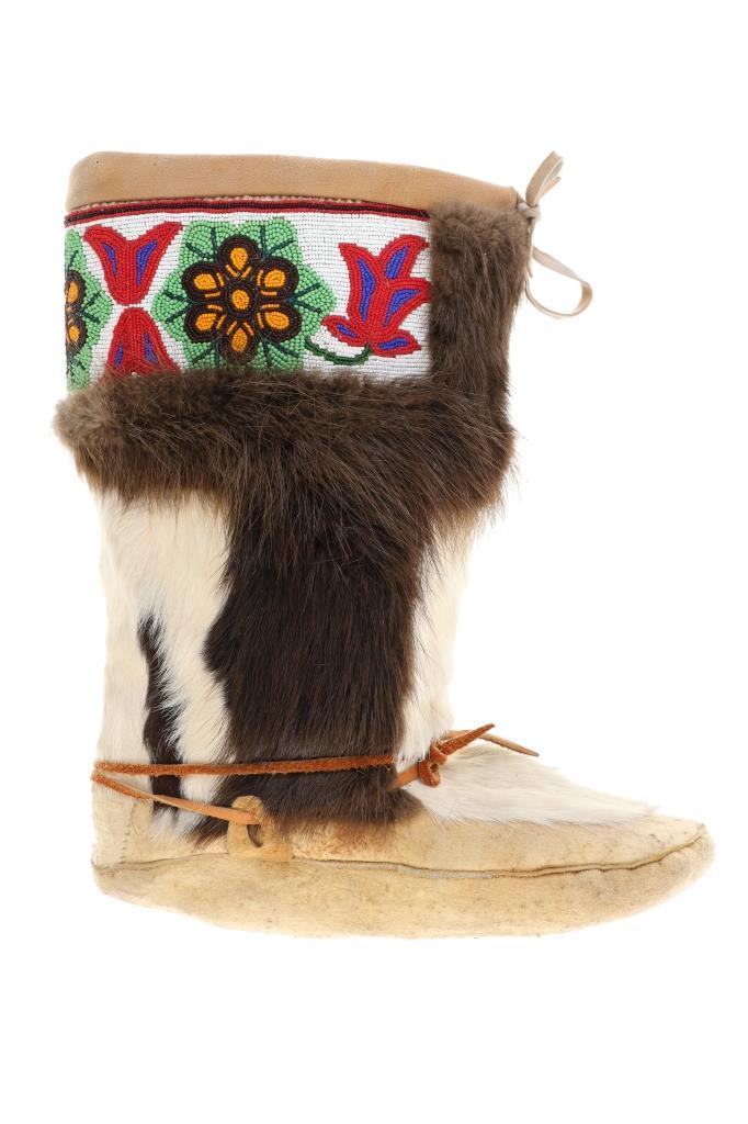 Mid 20th C Inuit First Nations Beaver Beaded Boots