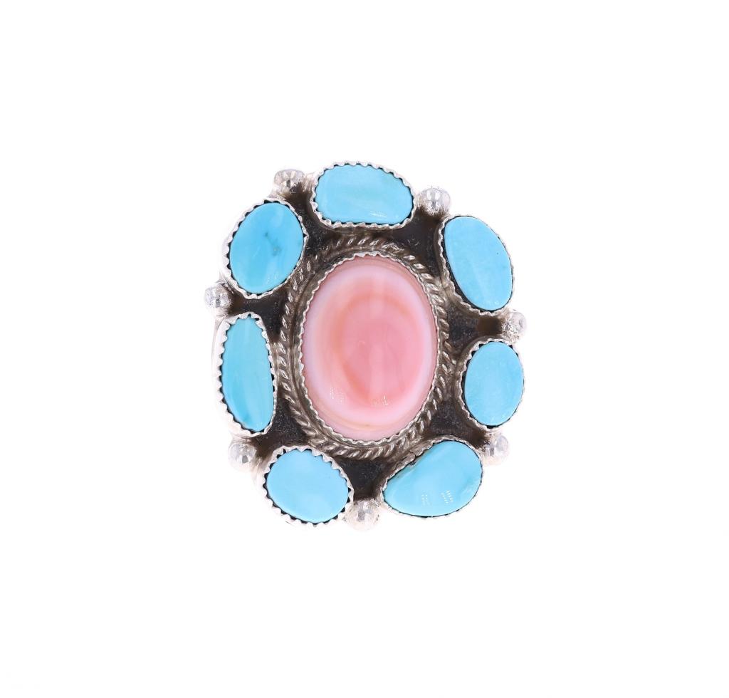 Navajo B Tsosie Silver Turquoise & Pink Conch Ring