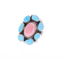 Navajo B Tsosie Silver Turquoise & Pink Conch Ring