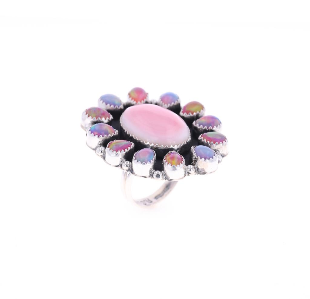 Navajo R. Sam Sterling Silver Pink Conch Opal Ring