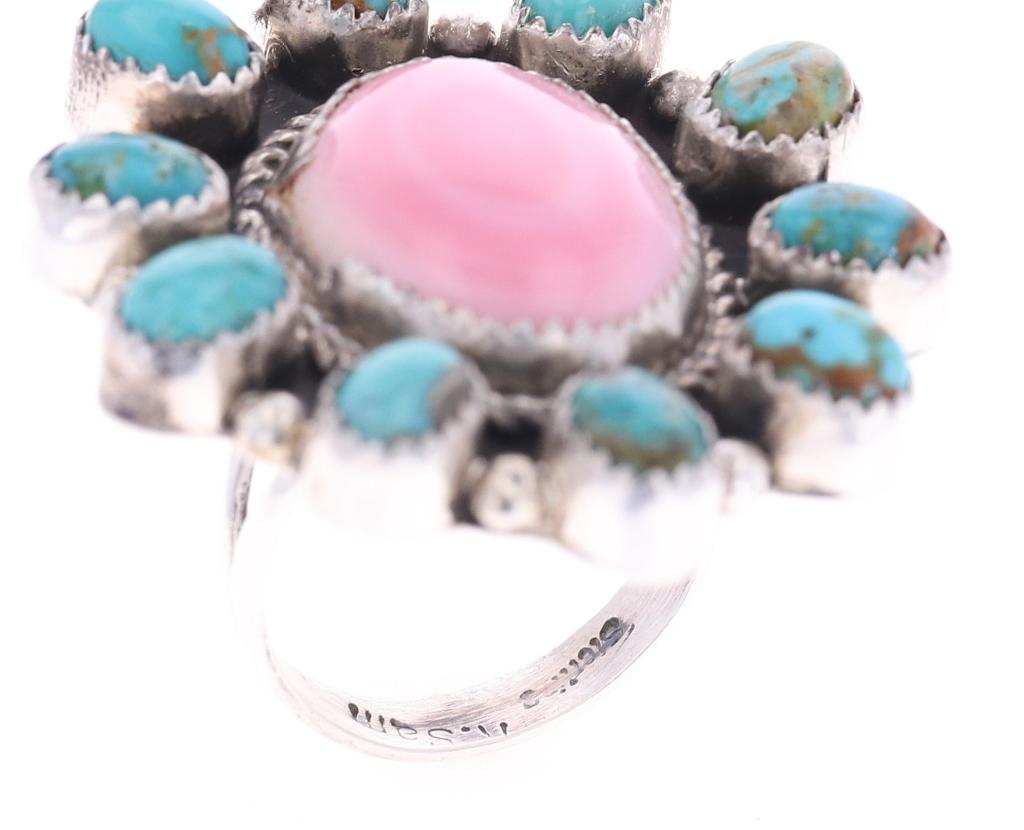 Navajo R. Sam Silver Pink Conch Turquoise Ring