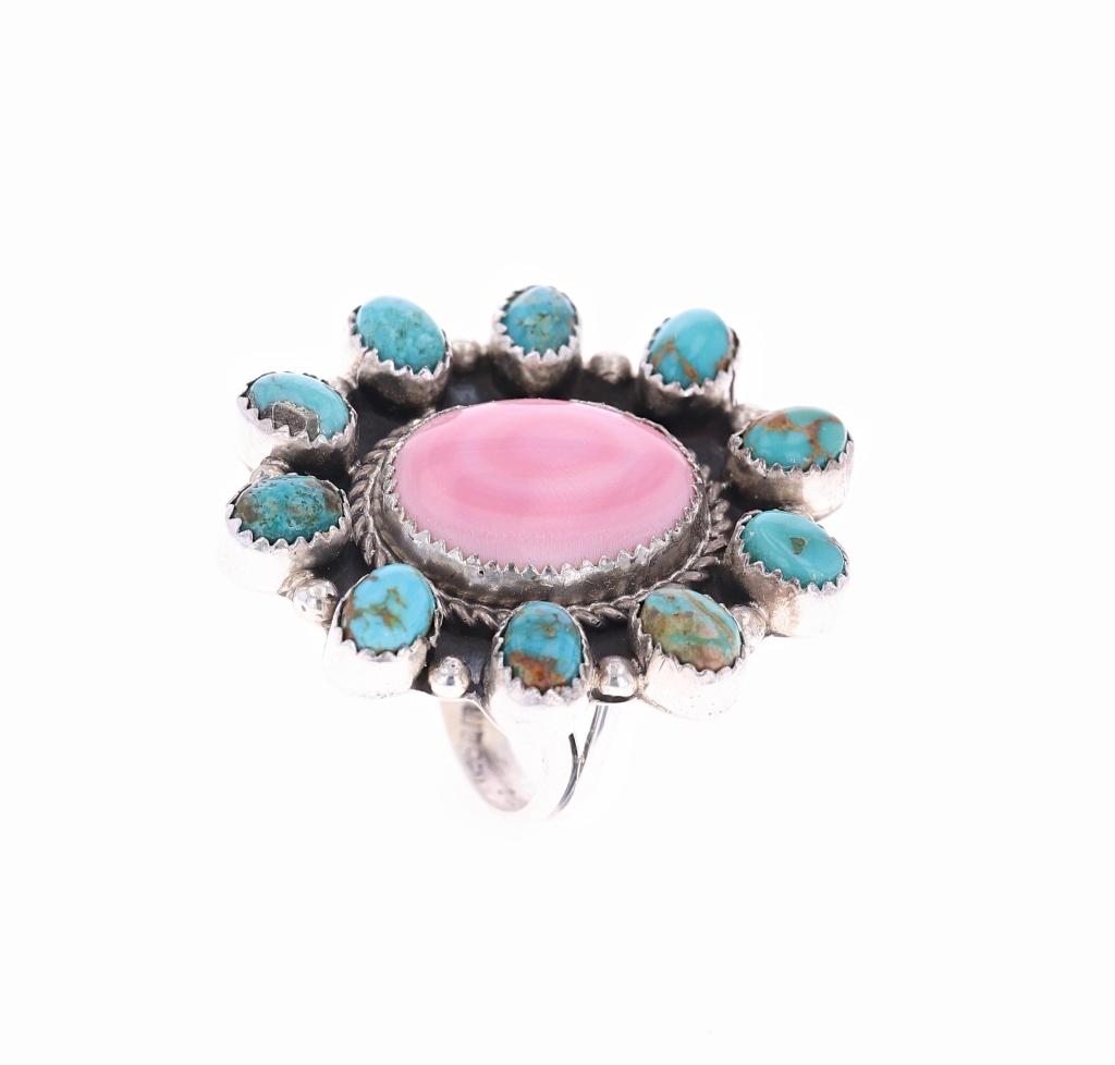 Navajo R. Sam Silver Pink Conch Turquoise Ring