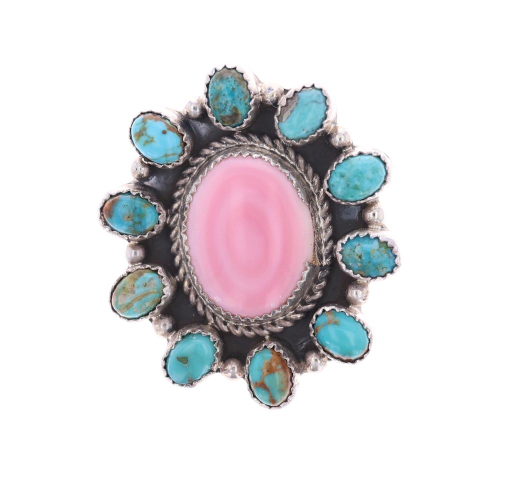 Navajo R. Sam Silver Pink Conch Turquoise Ring