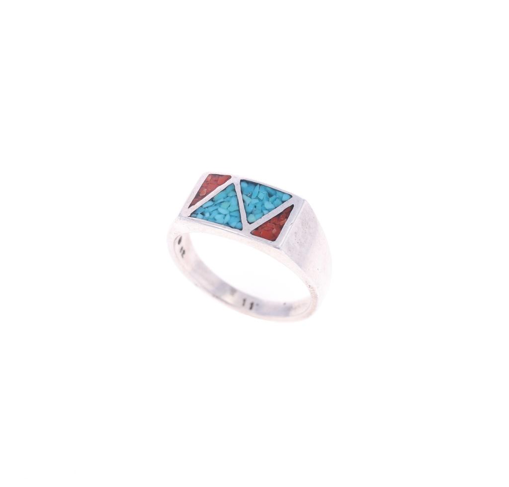 Zuni Sterling Silver Coral & Turquoise Inlay Rings