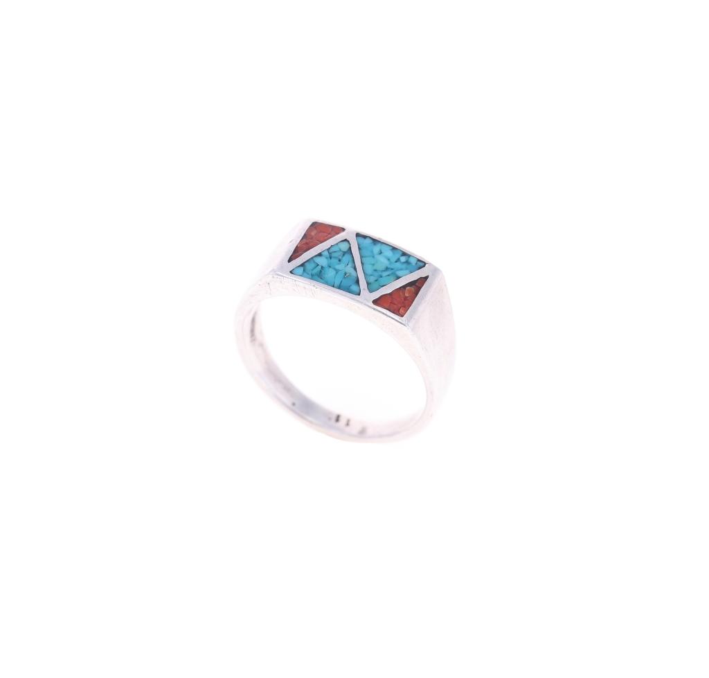 Zuni Sterling Silver Coral & Turquoise Inlay Rings