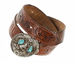 Texas Leather Belt and Silver Turquoise Buckle