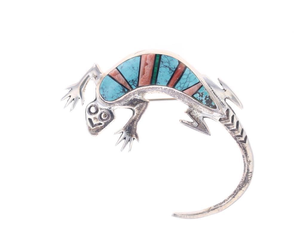 Navajo Sterling Turquoise Inlay Lizard Brooch