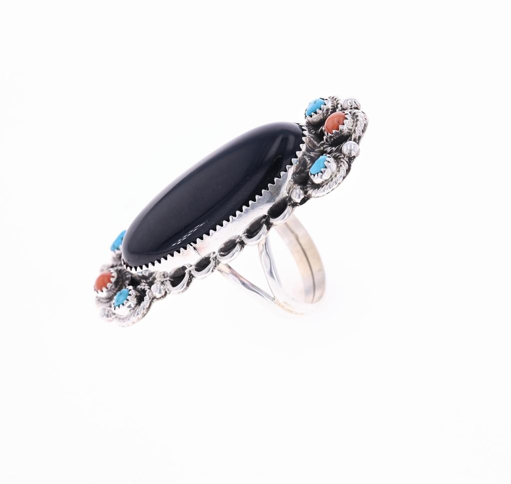 Navajo Billy Slim Silver Jet & Turquoise Ring