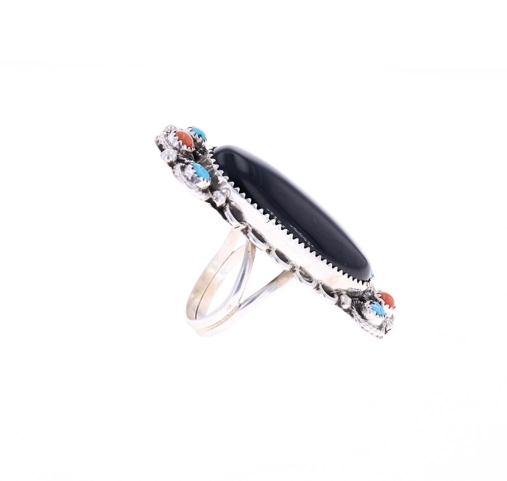 Navajo Billy Slim Silver Jet & Turquoise Ring
