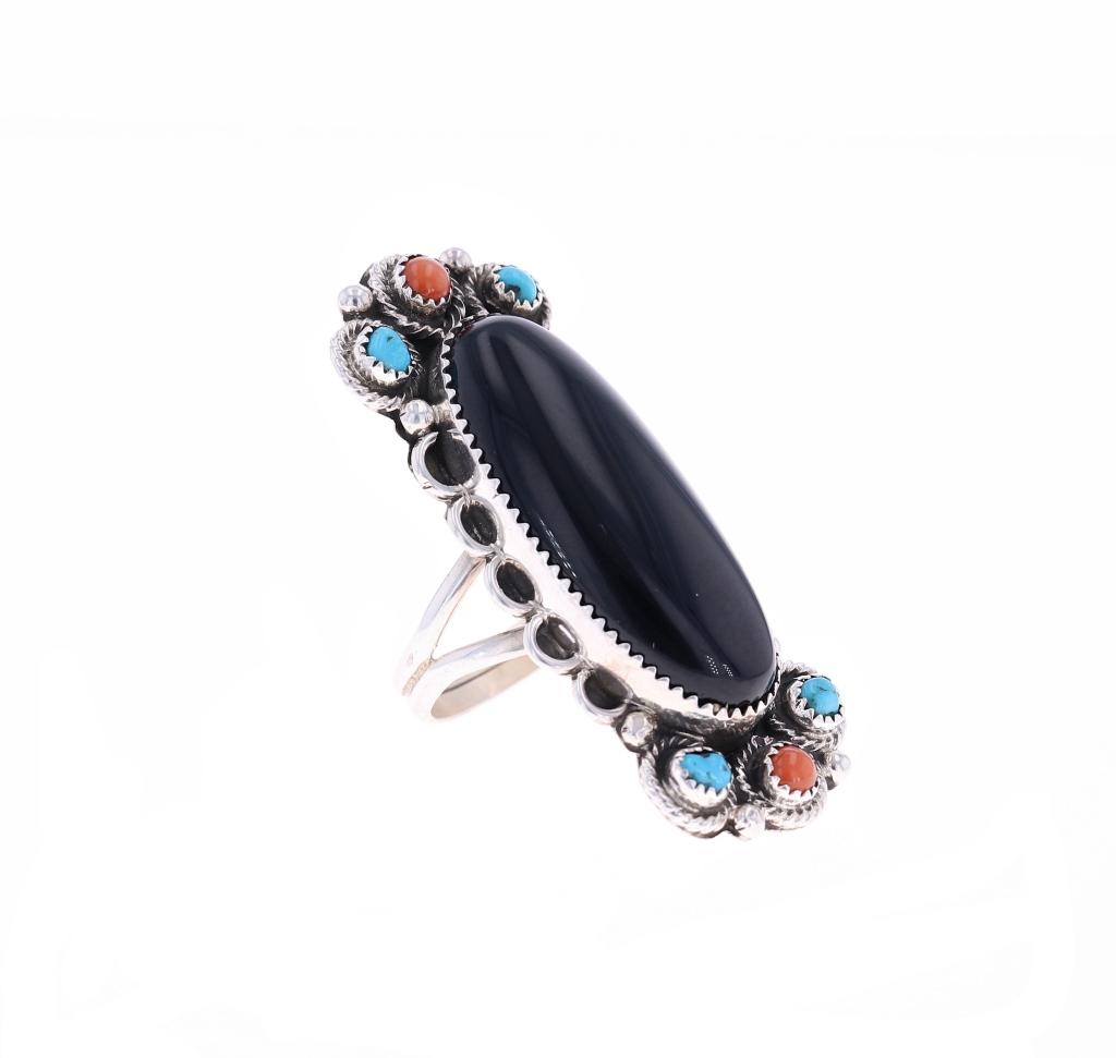 Navajo Billy Slim Silver Jet & Turquoise Ring