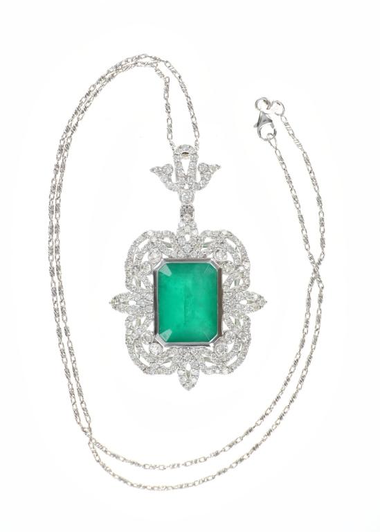 14.38 Emerald VS2 Diamond 18k Gold Necklace
