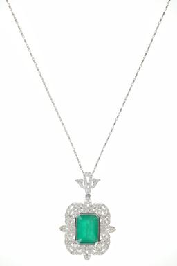 14.38 Emerald VS2 Diamond 18k Gold Necklace