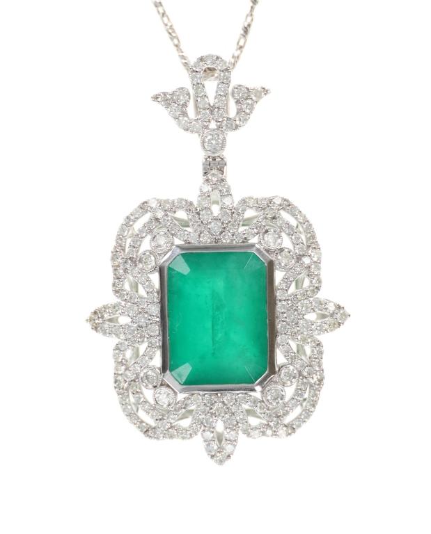 14.38 Emerald VS2 Diamond 18k Gold Necklace