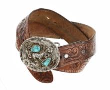 Texas Leather Belt and Silver Turquoise Buckle